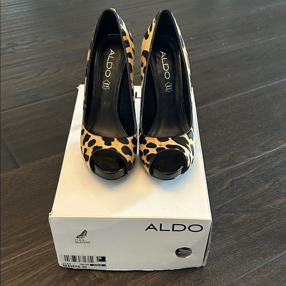 ALDO Leopard Print Peep-Toe Heels with Black Patent Trim